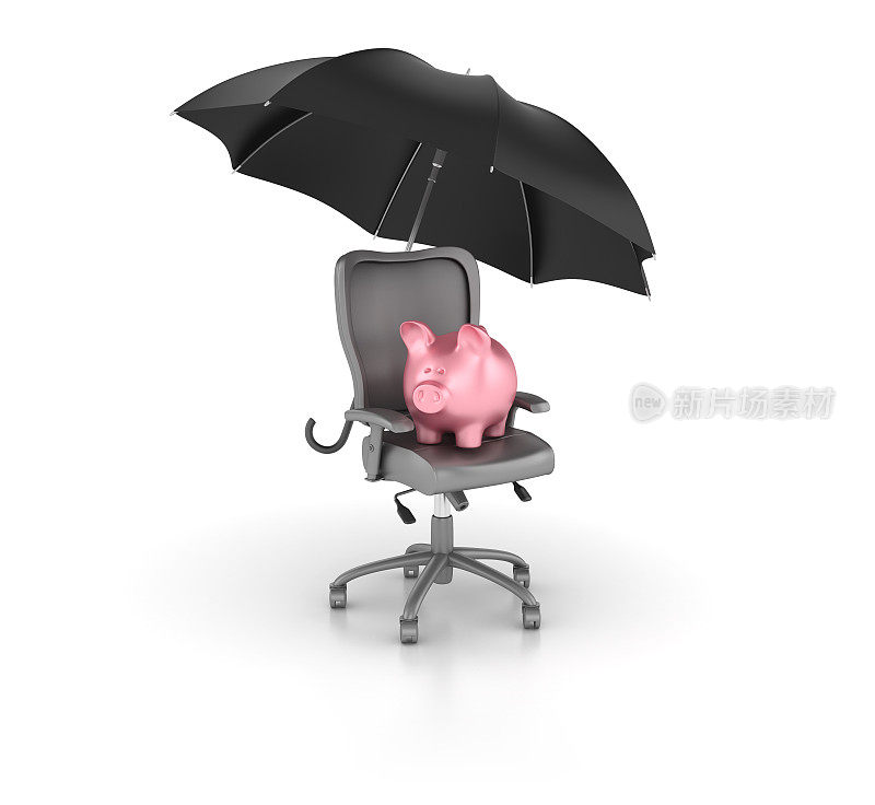 小猪银行与办公椅和伞- 3D渲染